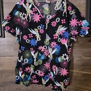 Disney Tinker Bell and Floral Design Scrub Top